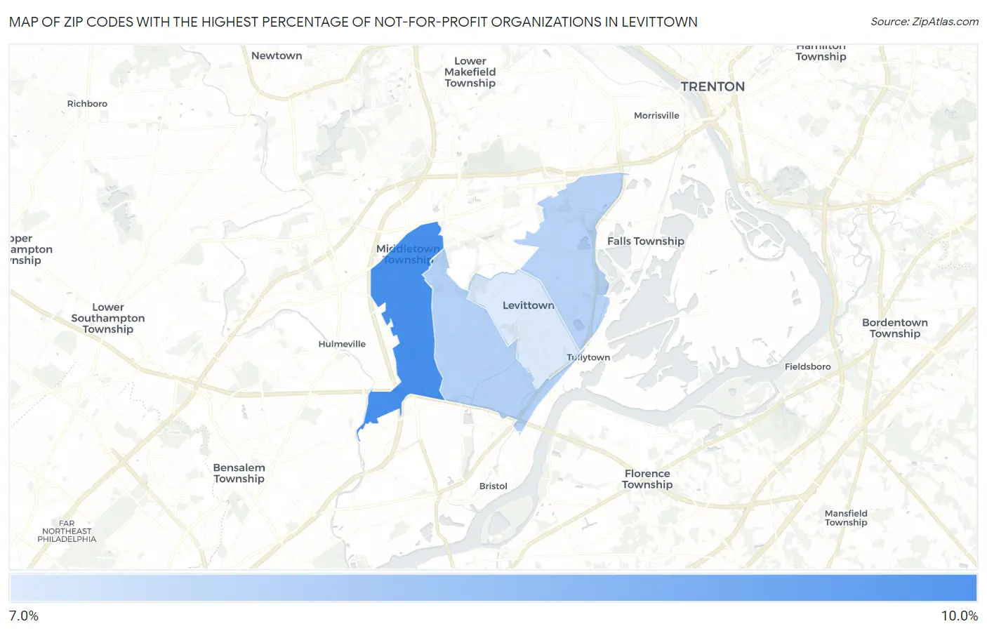 Zip Codes with the Highest Percentage of Not-for-profit Organizations in Levittown Map