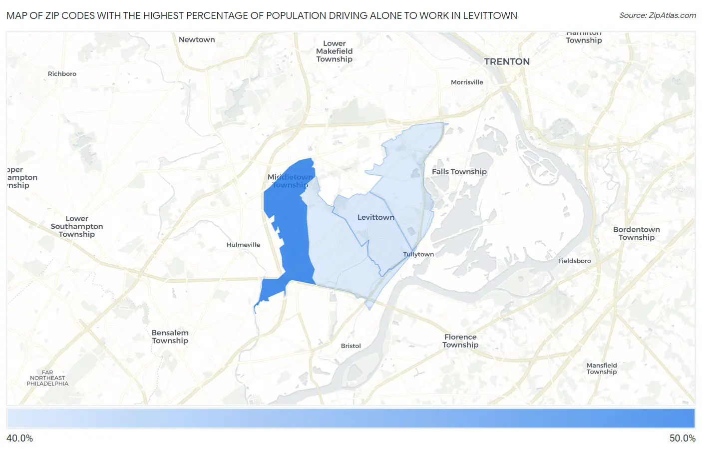 Zip Codes with the Highest Percentage of Population Driving Alone to Work in Levittown Map