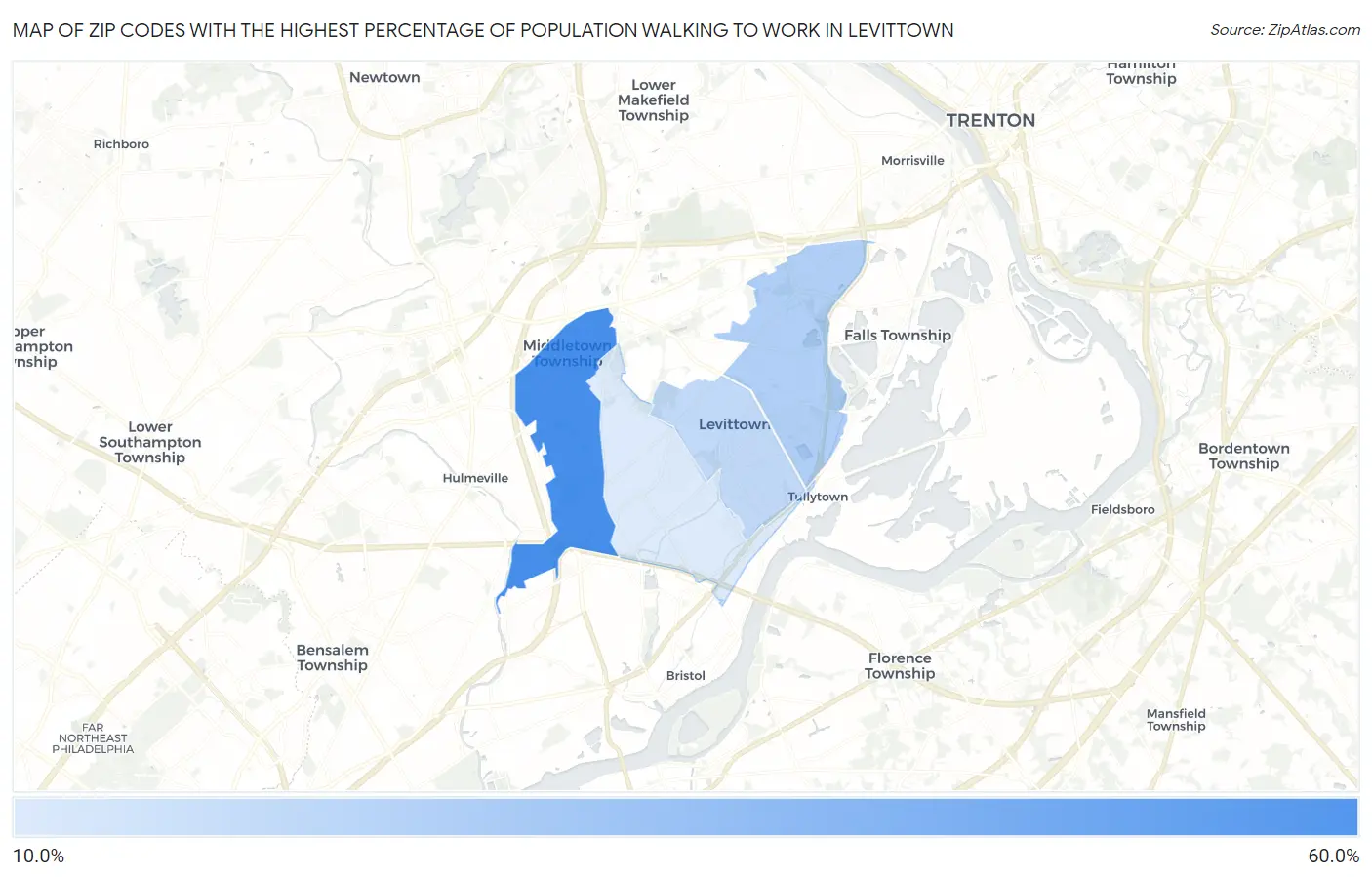 Zip Codes with the Highest Percentage of Population Walking to Work in Levittown Map