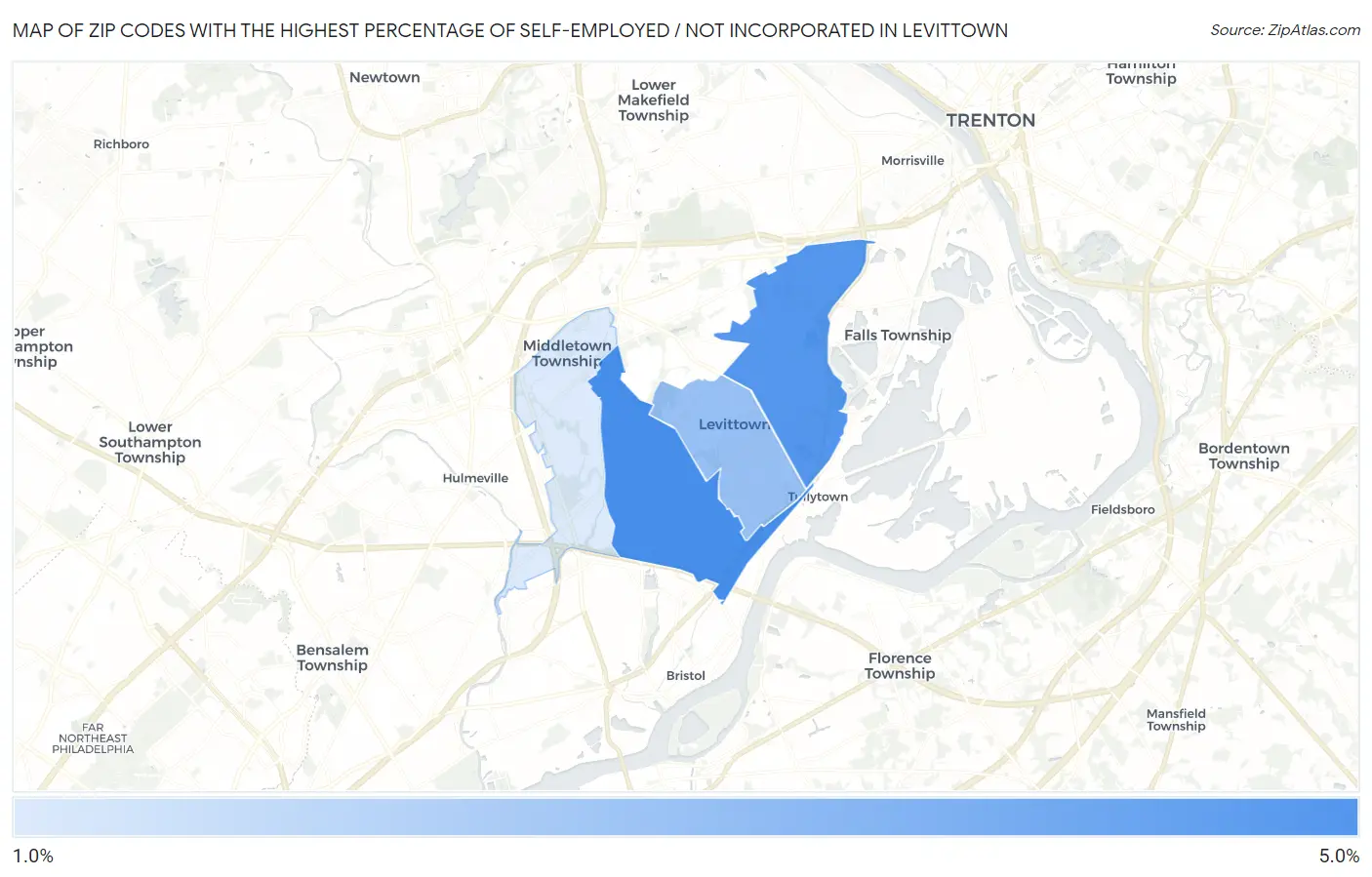 Zip Codes with the Highest Percentage of Self-Employed / Not Incorporated in Levittown Map