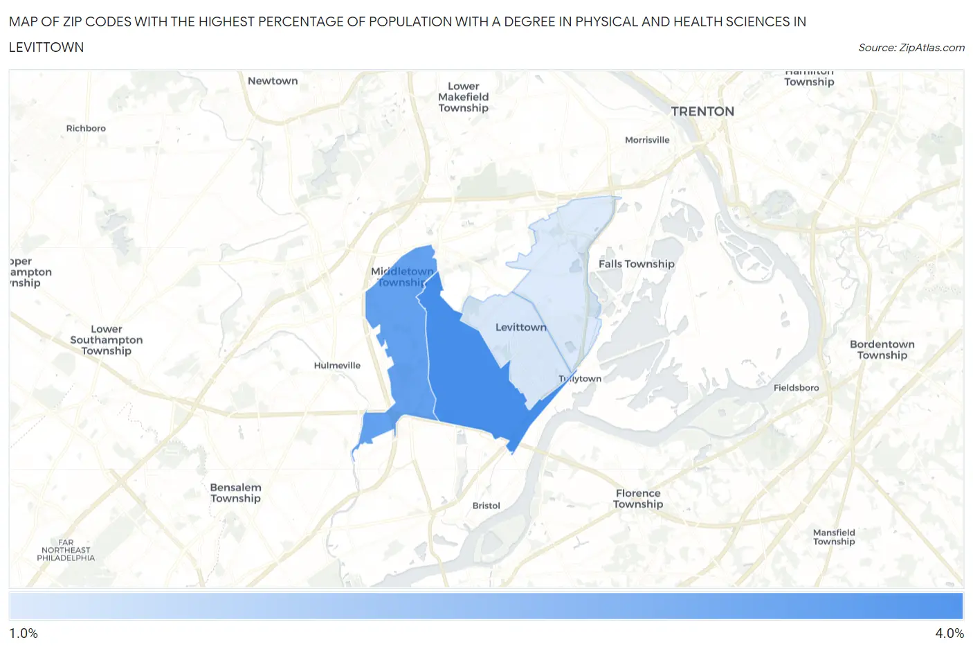 Zip Codes with the Highest Percentage of Population with a Degree in Physical and Health Sciences in Levittown Map