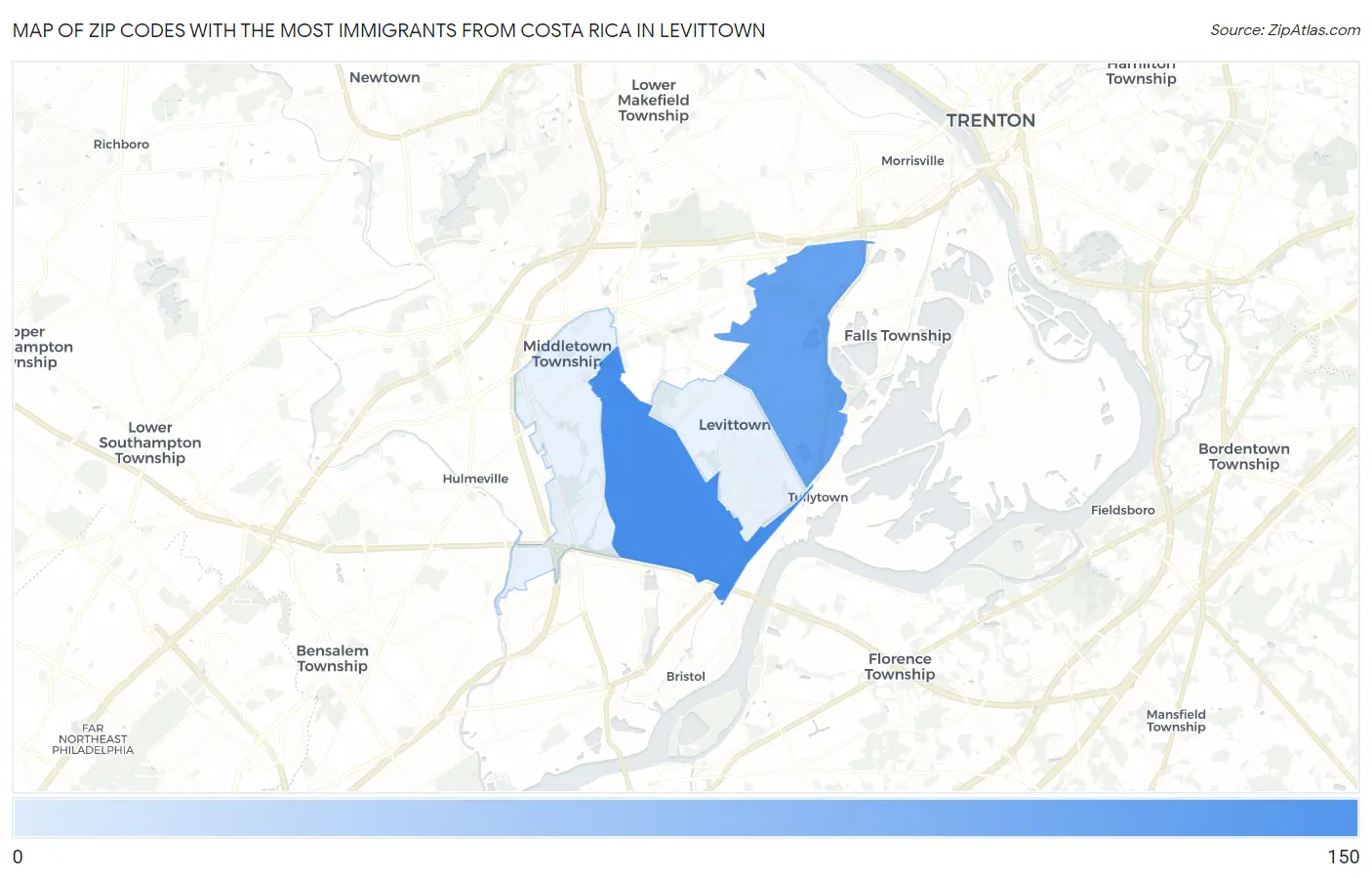 Zip Codes with the Most Immigrants from Costa Rica in Levittown Map
