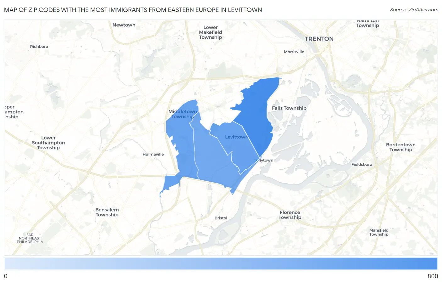 Zip Codes with the Most Immigrants from Eastern Europe in Levittown Map