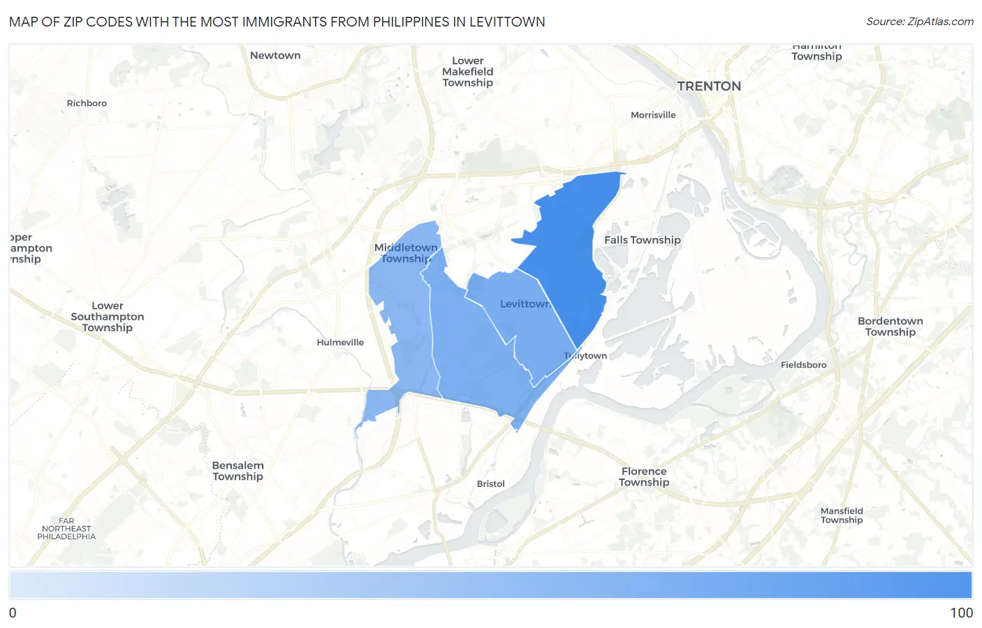 Zip Codes with the Most Immigrants from Philippines in Levittown Map