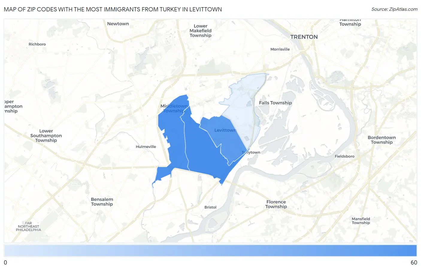 Zip Codes with the Most Immigrants from Turkey in Levittown Map