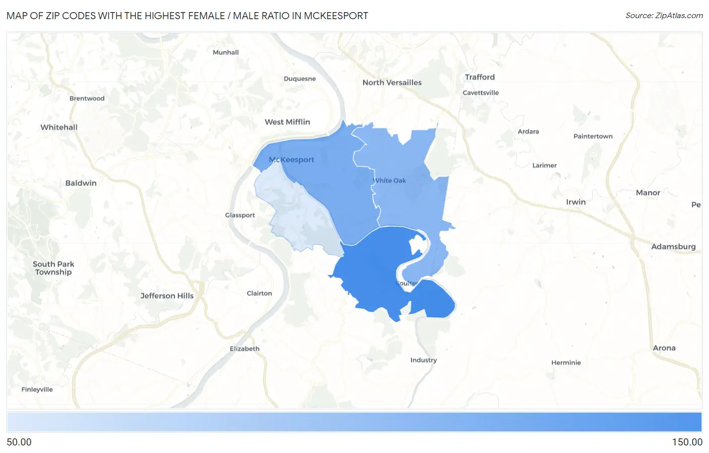 Zip Codes with the Highest Female / Male Ratio in Mckeesport Map