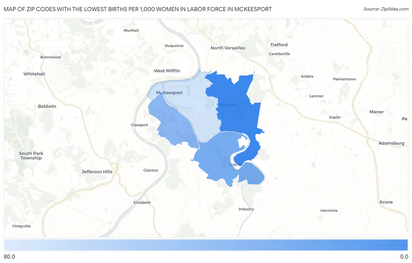 Zip Codes with the Lowest Births per 1,000 Women in Labor Force in Mckeesport Map