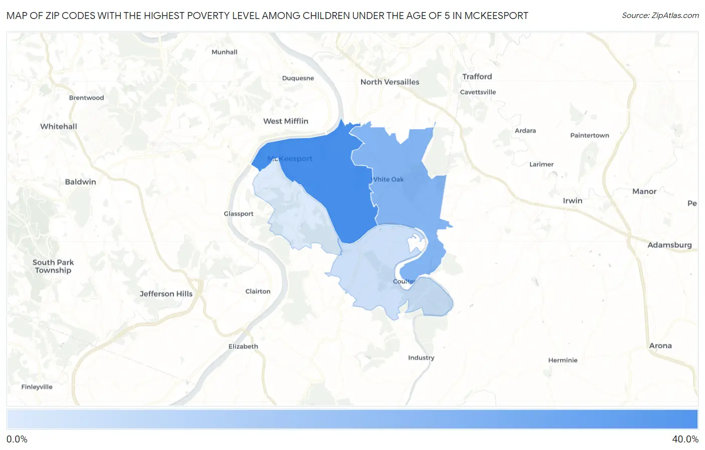 Zip Codes with the Highest Poverty Level Among Children Under the Age of 5 in Mckeesport Map