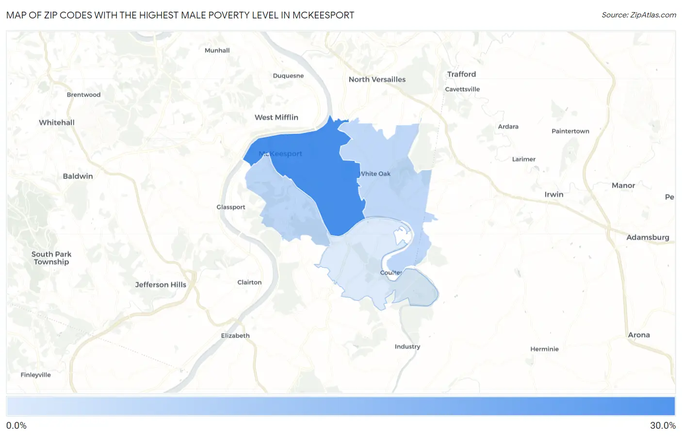 Zip Codes with the Highest Male Poverty Level in Mckeesport Map