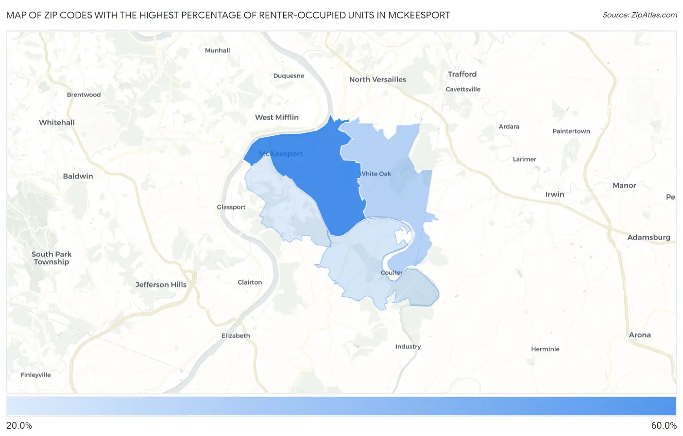 Zip Codes with the Highest Percentage of Renter-Occupied Units in Mckeesport Map