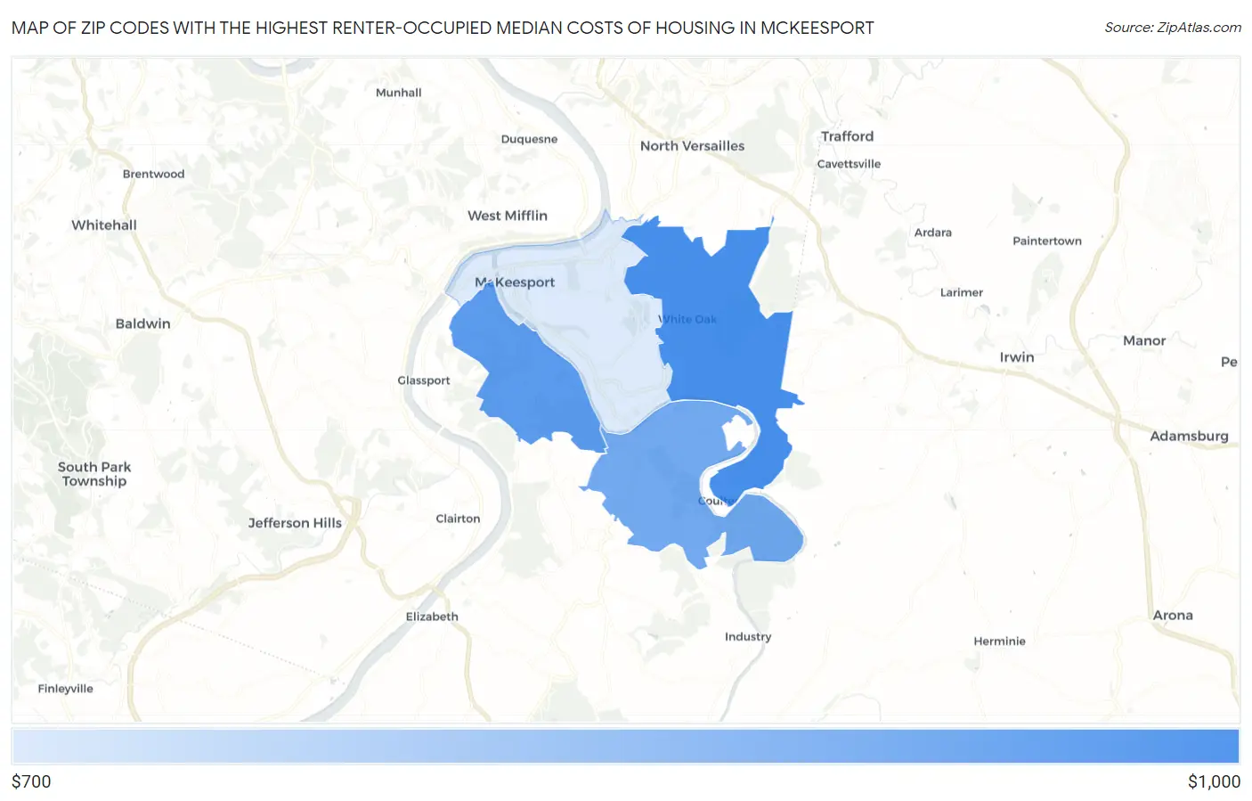 Zip Codes with the Highest Renter-Occupied Median Costs of Housing in Mckeesport Map