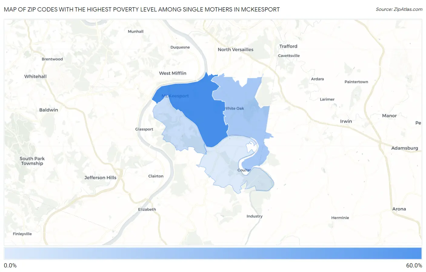 Zip Codes with the Highest Poverty Level Among Single Mothers in Mckeesport Map