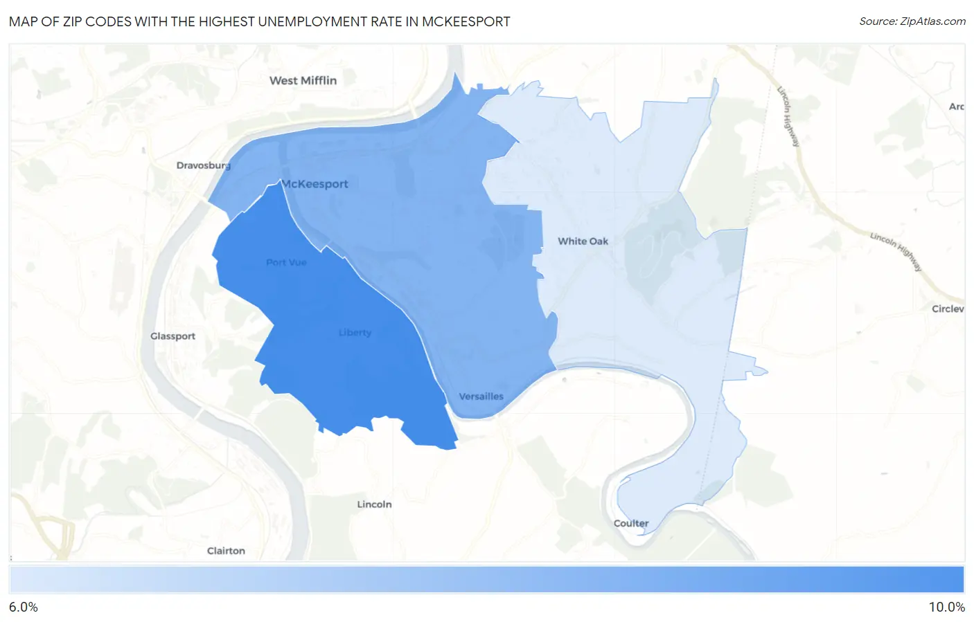 Zip Codes with the Highest Unemployment Rate in Mckeesport Map