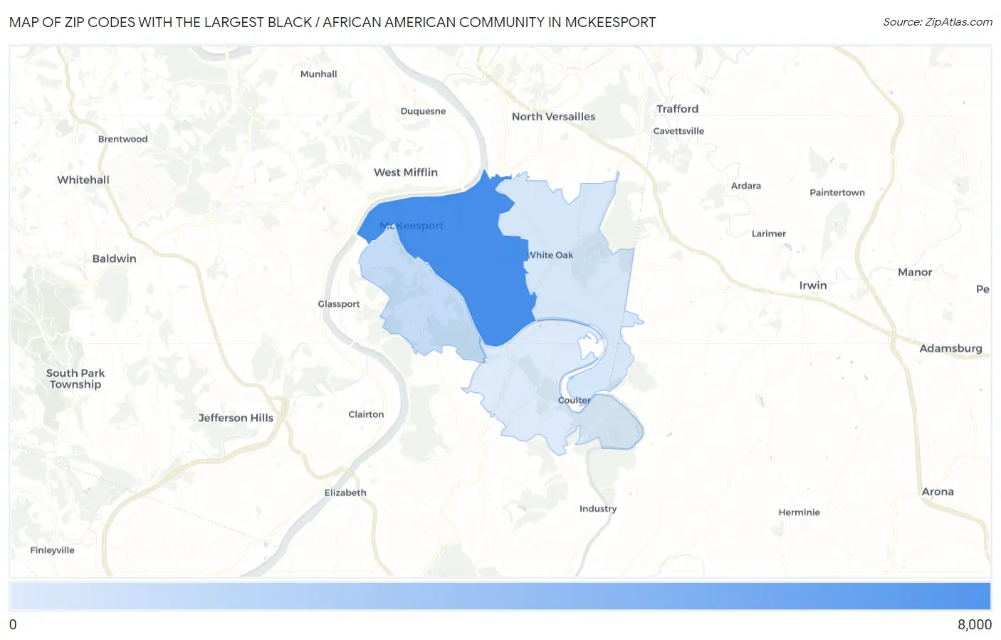 Zip Codes with the Largest Black / African American Community in Mckeesport Map