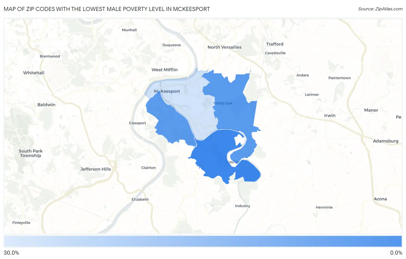 Zip Codes with the Lowest Male Poverty Level in Mckeesport Map
