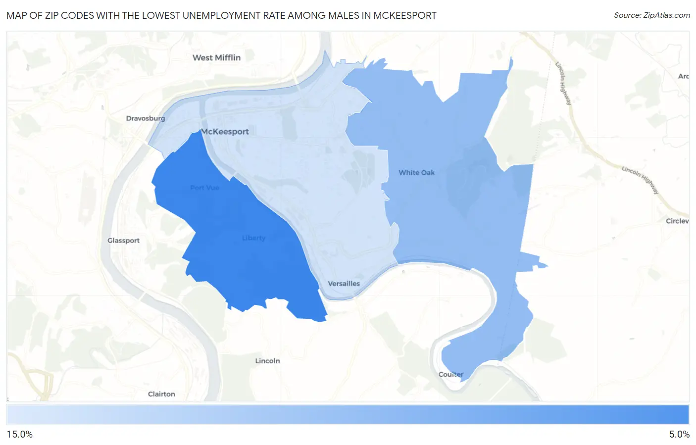 Zip Codes with the Lowest Unemployment Rate Among Males in Mckeesport Map