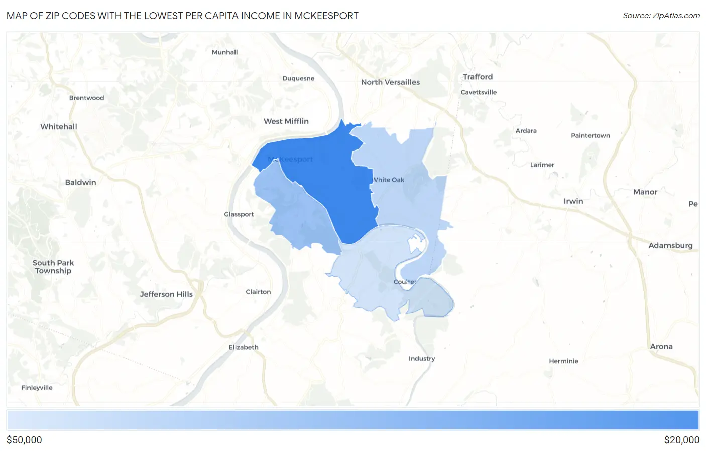 Zip Codes with the Lowest Per Capita Income in Mckeesport Map