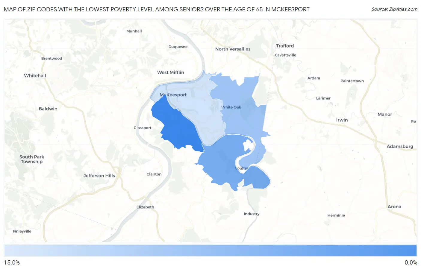 Zip Codes with the Lowest Poverty Level Among Seniors Over the Age of 65 in Mckeesport Map