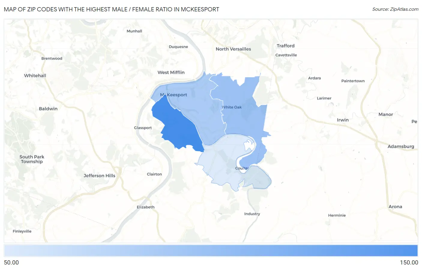 Zip Codes with the Highest Male / Female Ratio in Mckeesport Map