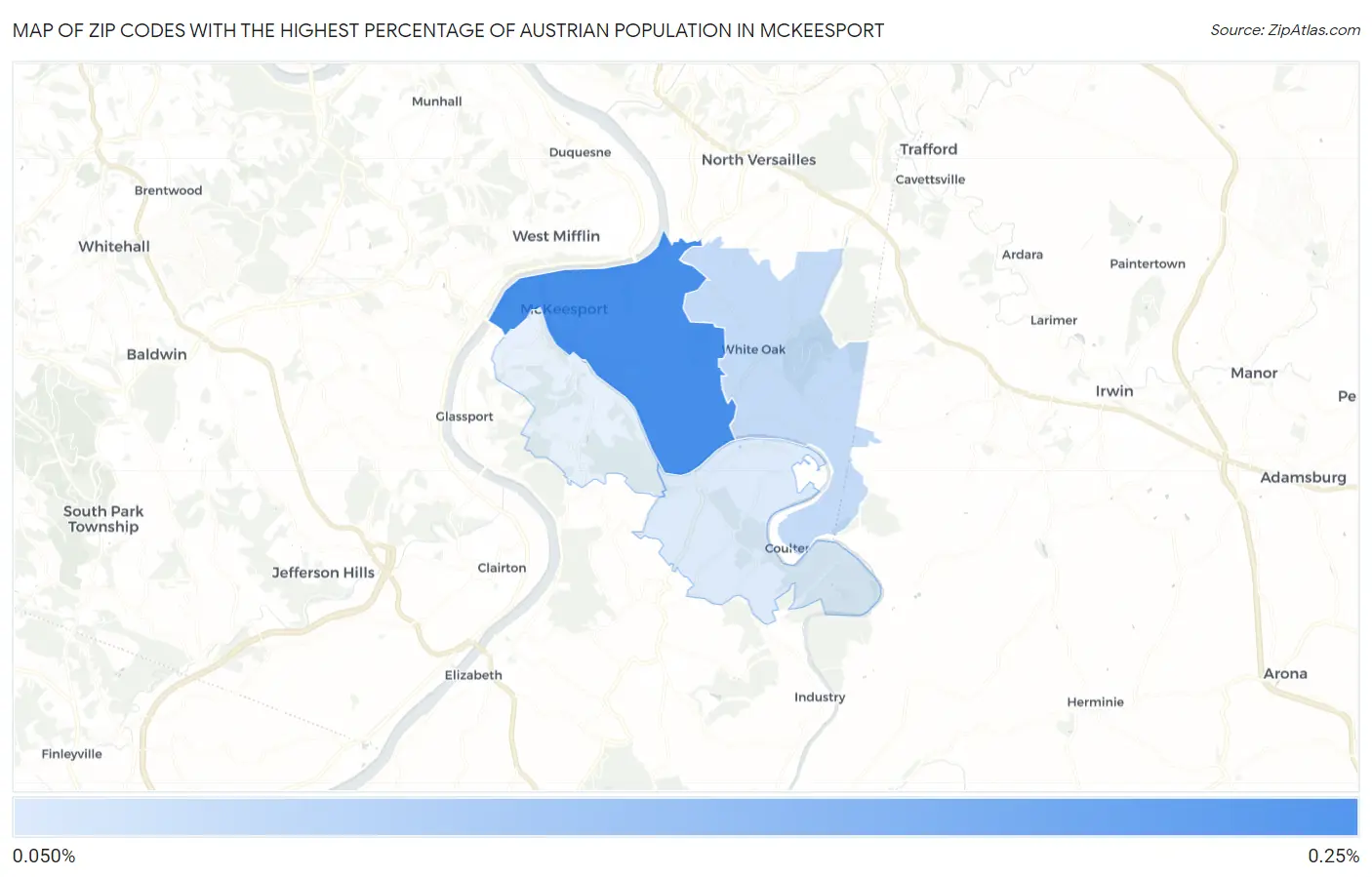 Zip Codes with the Highest Percentage of Austrian Population in Mckeesport Map