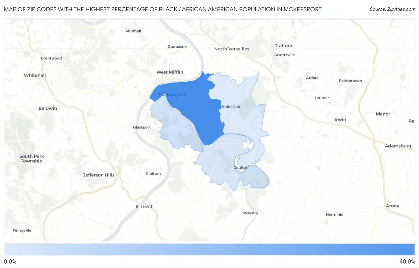 Zip Codes with the Highest Percentage of Black / African American Population in Mckeesport Map