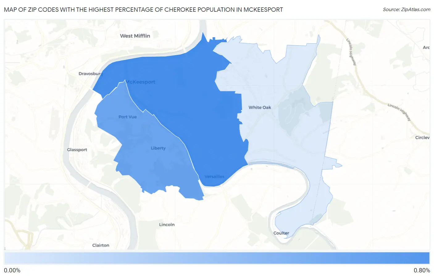 Zip Codes with the Highest Percentage of Cherokee Population in Mckeesport Map