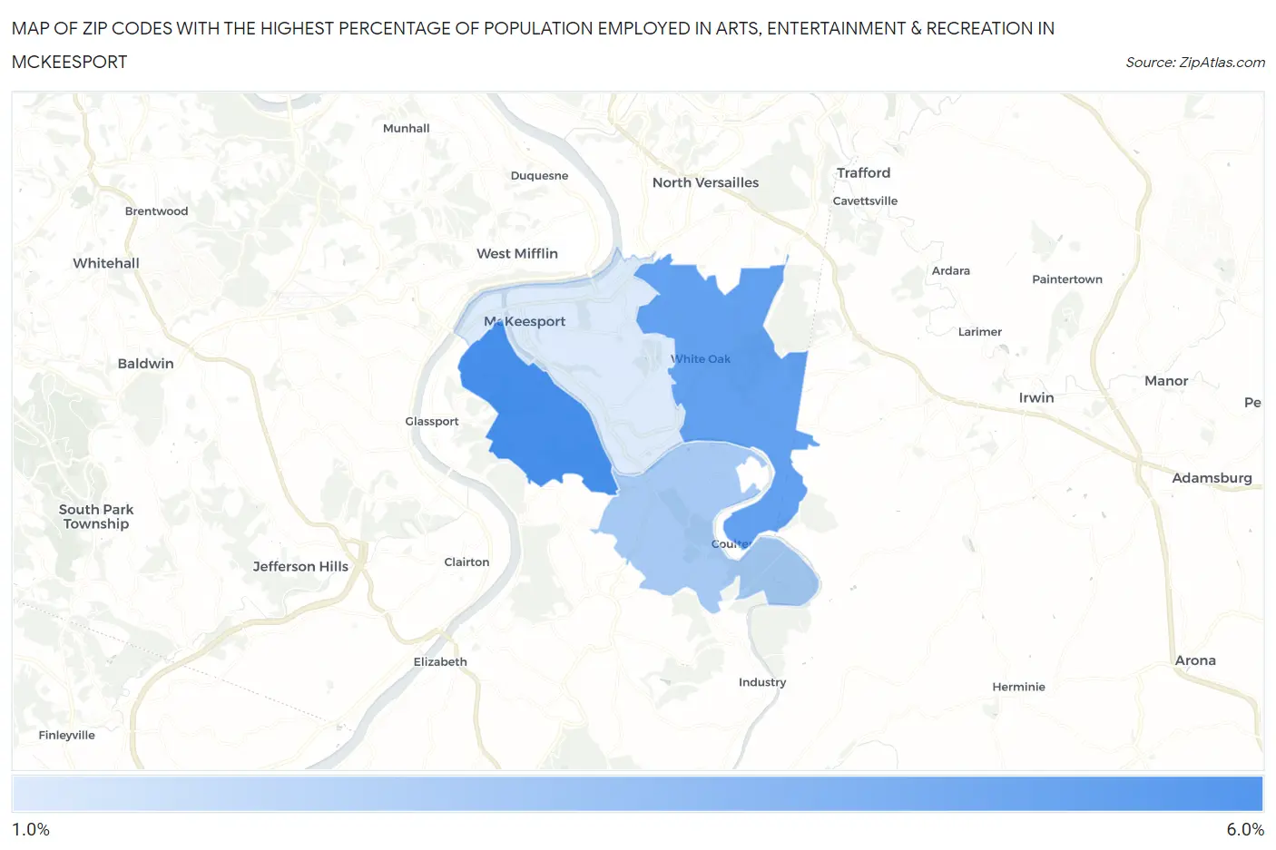 Zip Codes with the Highest Percentage of Population Employed in Arts, Entertainment & Recreation in Mckeesport Map