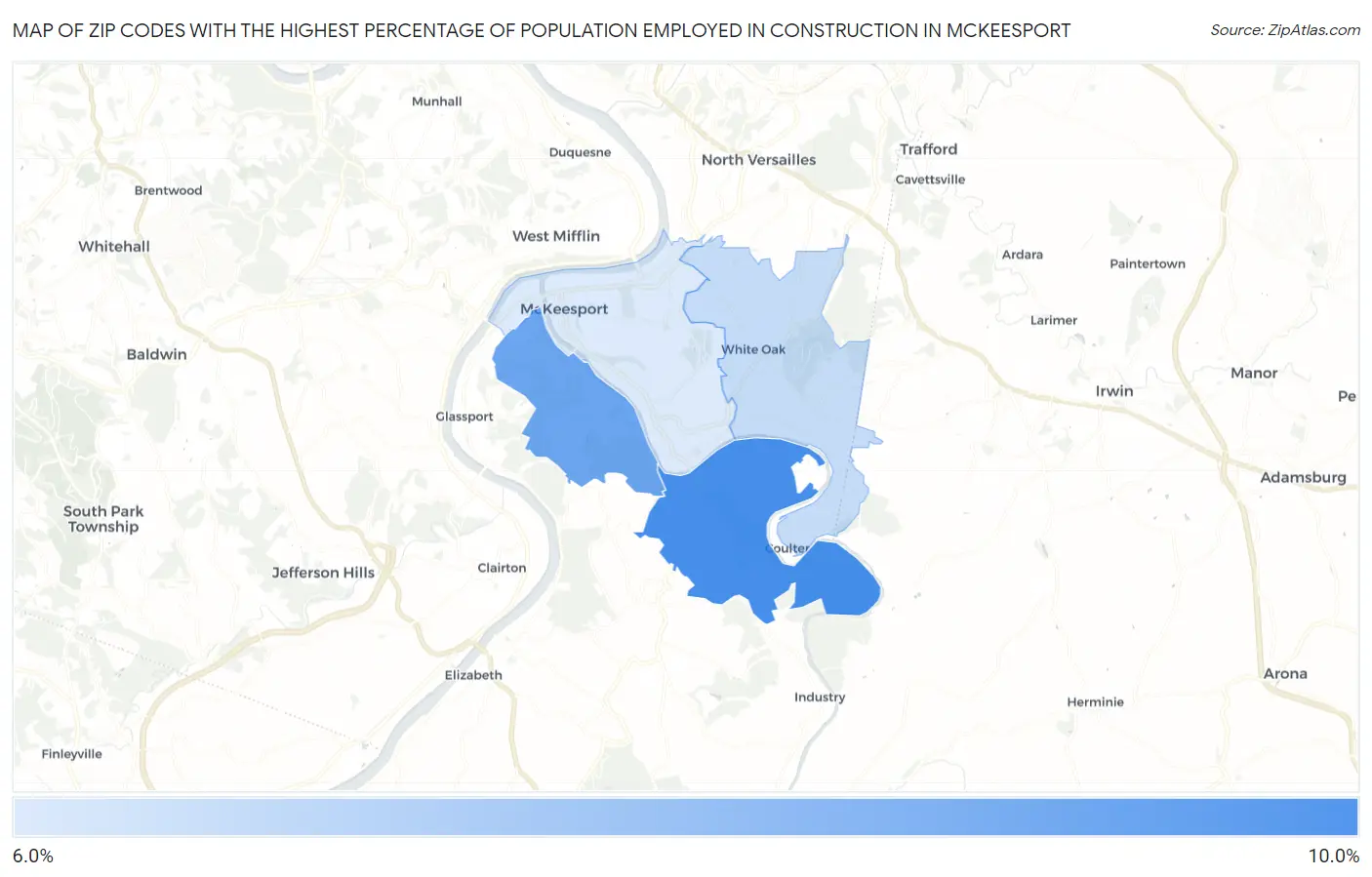 Zip Codes with the Highest Percentage of Population Employed in Construction in Mckeesport Map