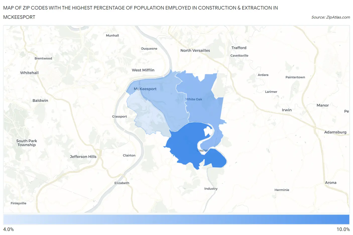 Zip Codes with the Highest Percentage of Population Employed in Construction & Extraction in Mckeesport Map