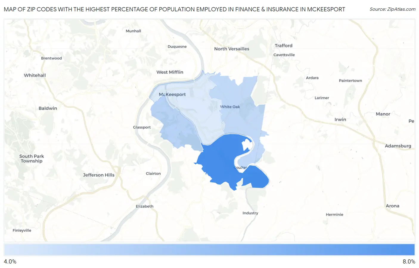 Zip Codes with the Highest Percentage of Population Employed in Finance & Insurance in Mckeesport Map