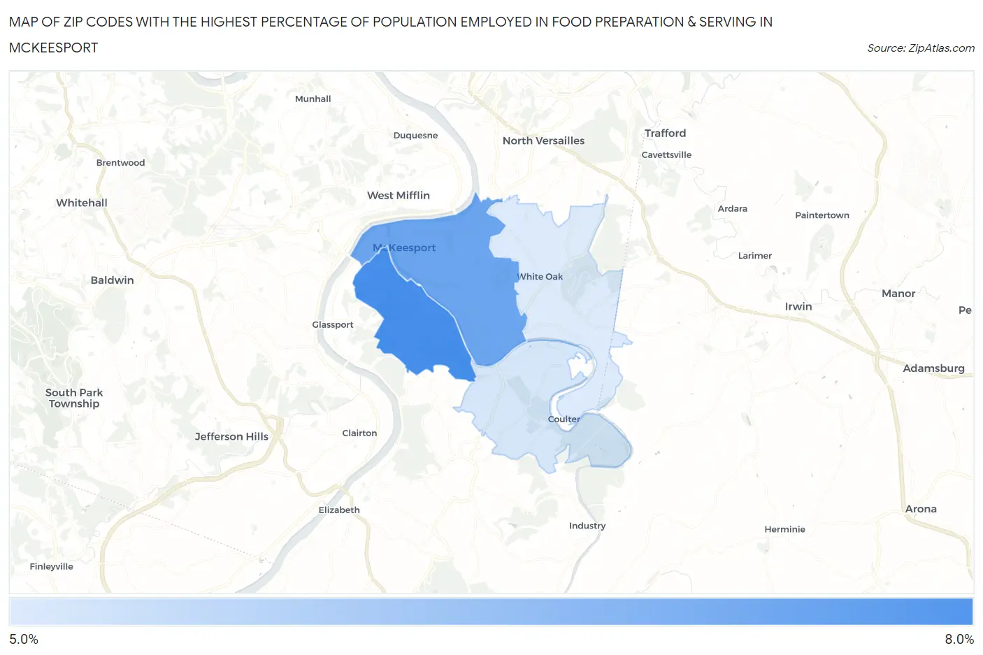Zip Codes with the Highest Percentage of Population Employed in Food Preparation & Serving in Mckeesport Map