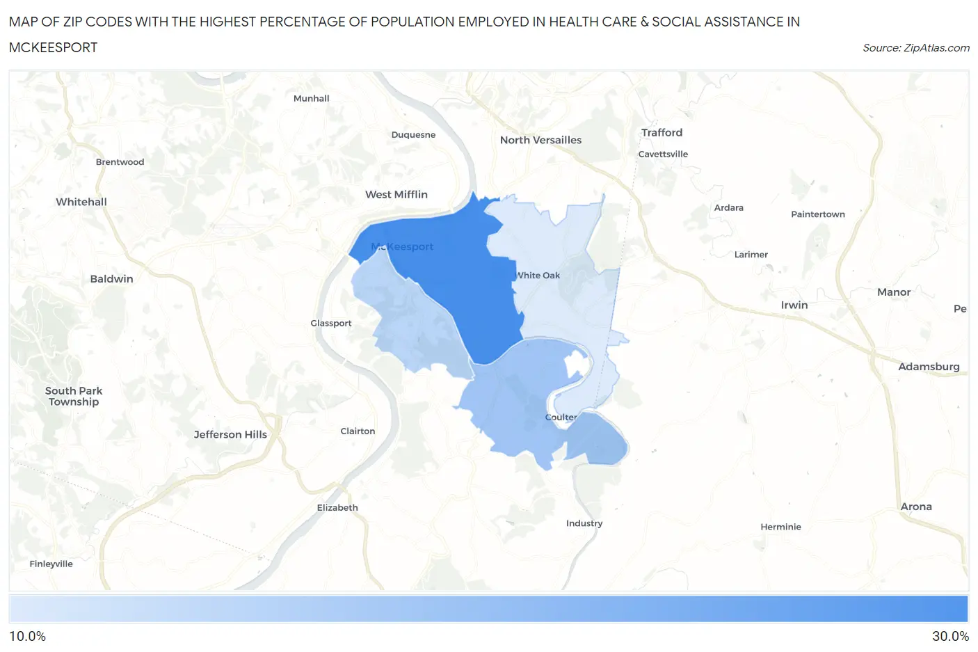 Zip Codes with the Highest Percentage of Population Employed in Health Care & Social Assistance in Mckeesport Map