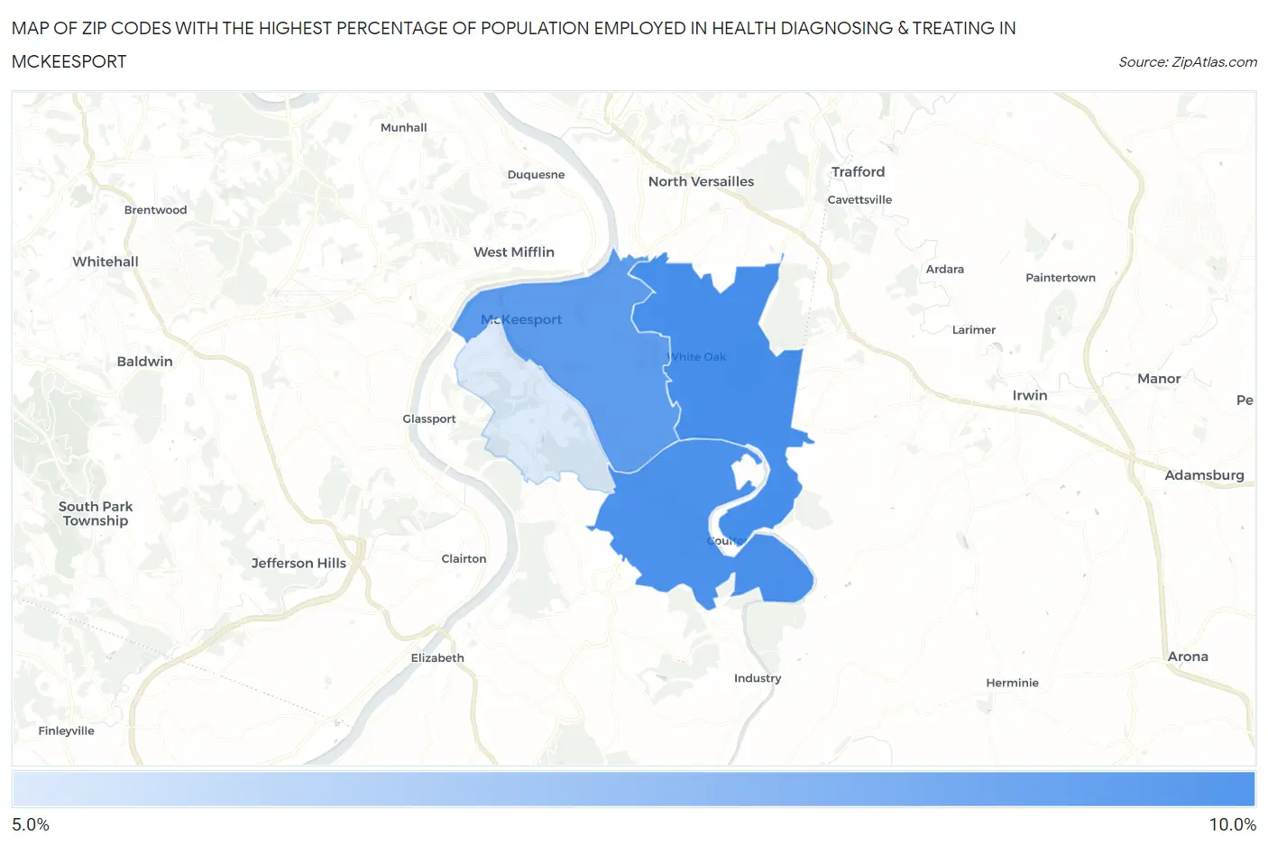 Zip Codes with the Highest Percentage of Population Employed in Health Diagnosing & Treating in Mckeesport Map