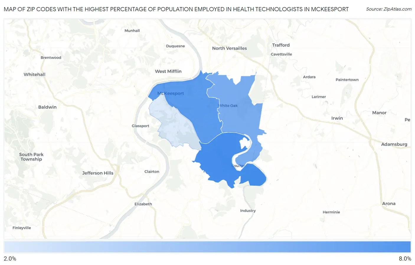 Zip Codes with the Highest Percentage of Population Employed in Health Technologists in Mckeesport Map
