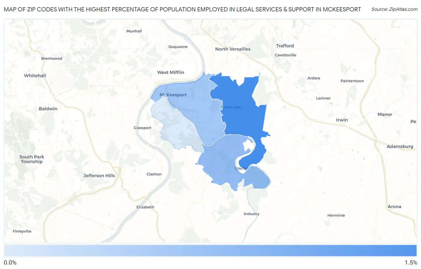 Zip Codes with the Highest Percentage of Population Employed in Legal Services & Support in Mckeesport Map