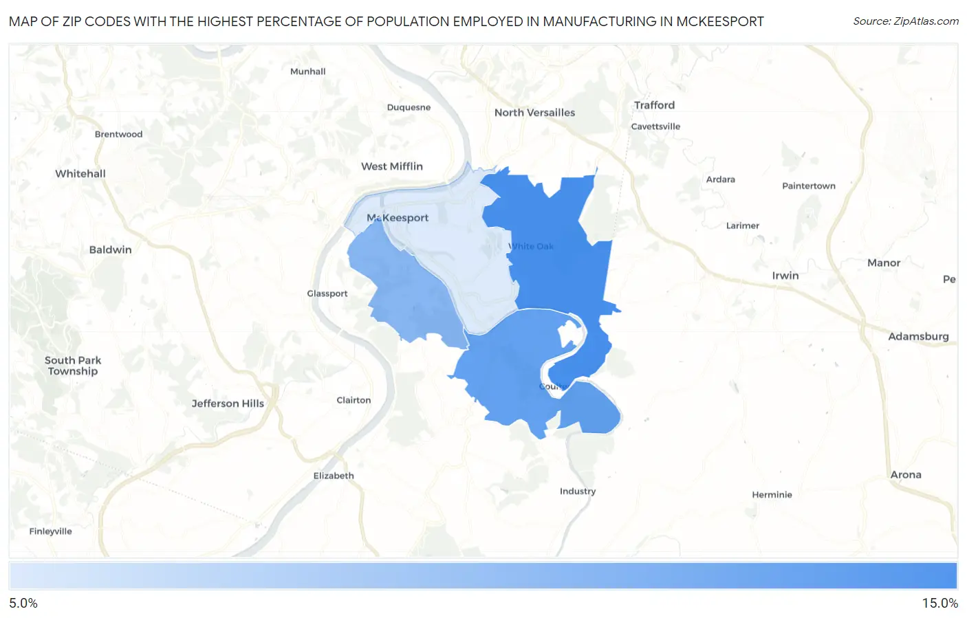 Zip Codes with the Highest Percentage of Population Employed in Manufacturing in Mckeesport Map