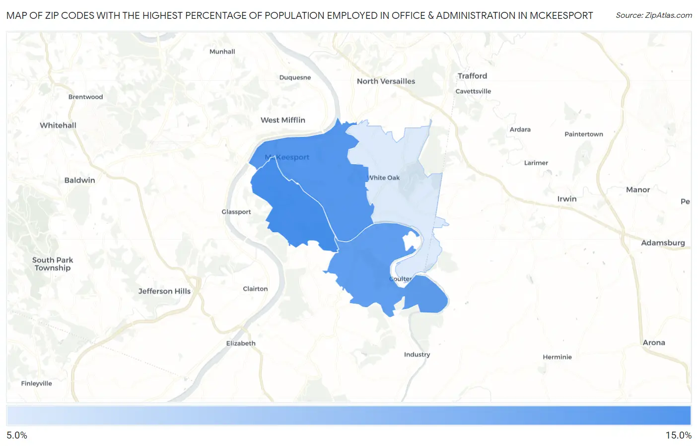 Zip Codes with the Highest Percentage of Population Employed in Office & Administration in Mckeesport Map