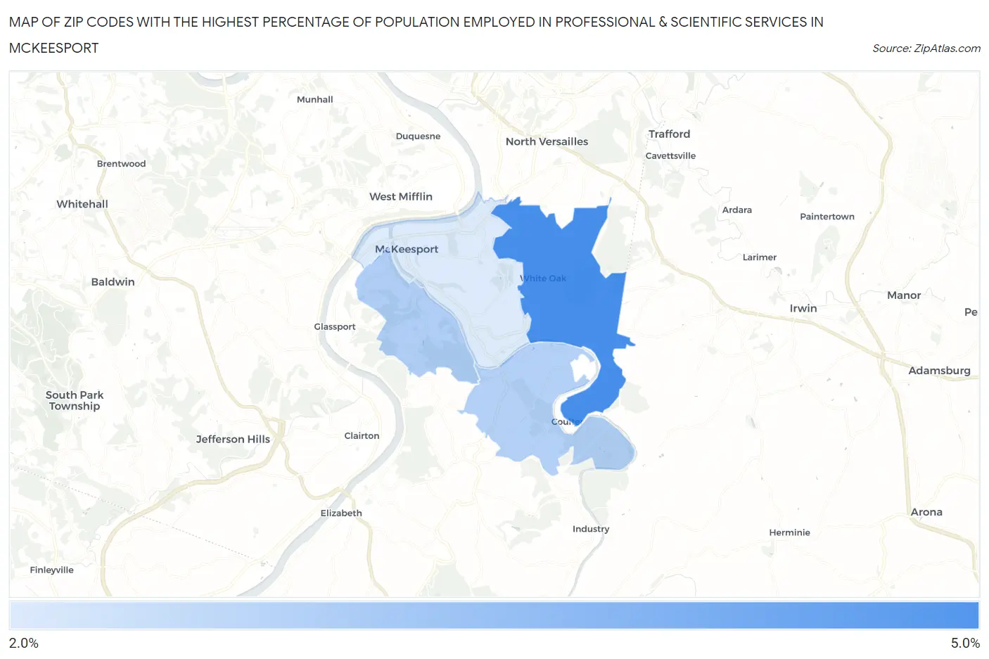 Zip Codes with the Highest Percentage of Population Employed in Professional & Scientific Services in Mckeesport Map