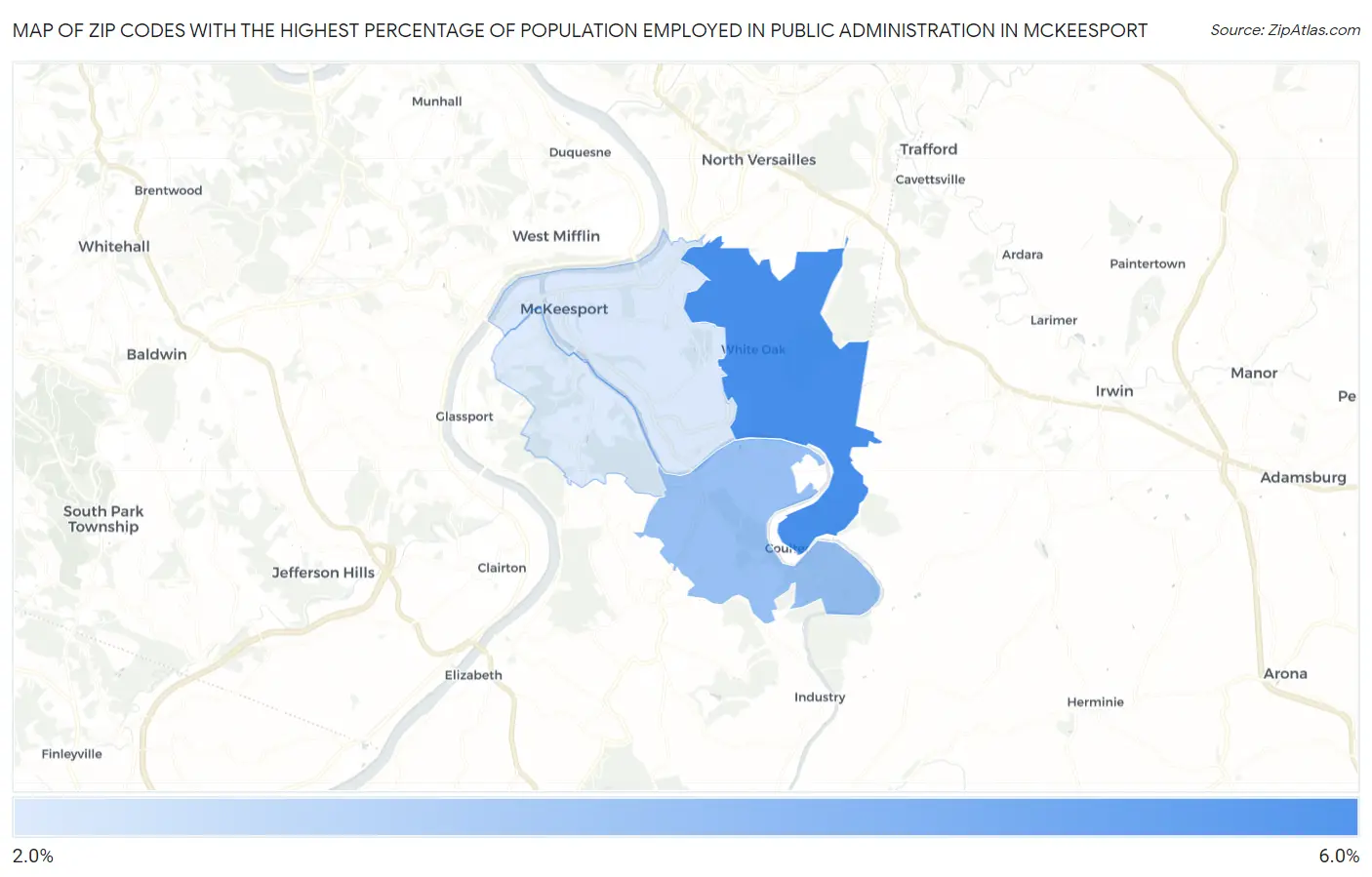 Zip Codes with the Highest Percentage of Population Employed in Public Administration in Mckeesport Map