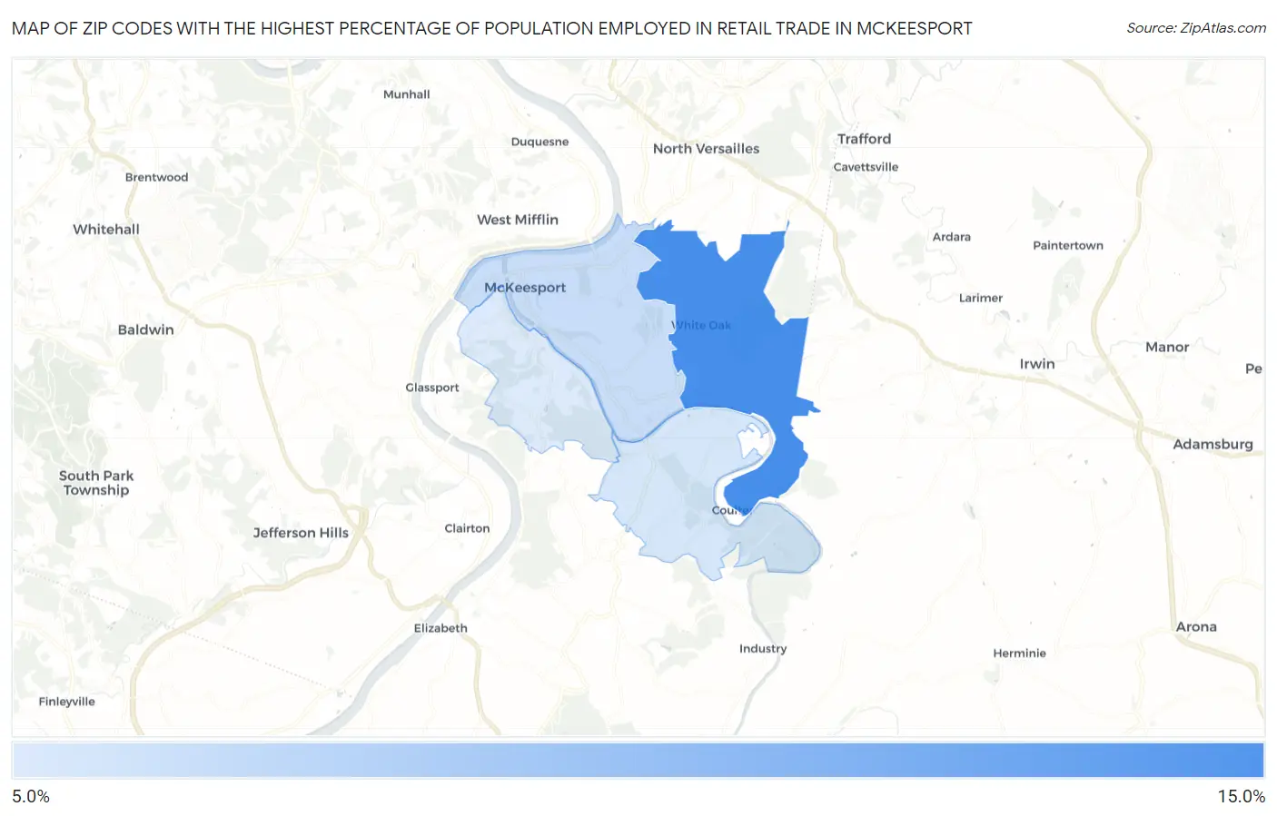 Zip Codes with the Highest Percentage of Population Employed in Retail Trade in Mckeesport Map