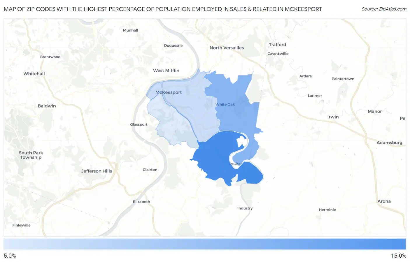 Zip Codes with the Highest Percentage of Population Employed in Sales & Related in Mckeesport Map