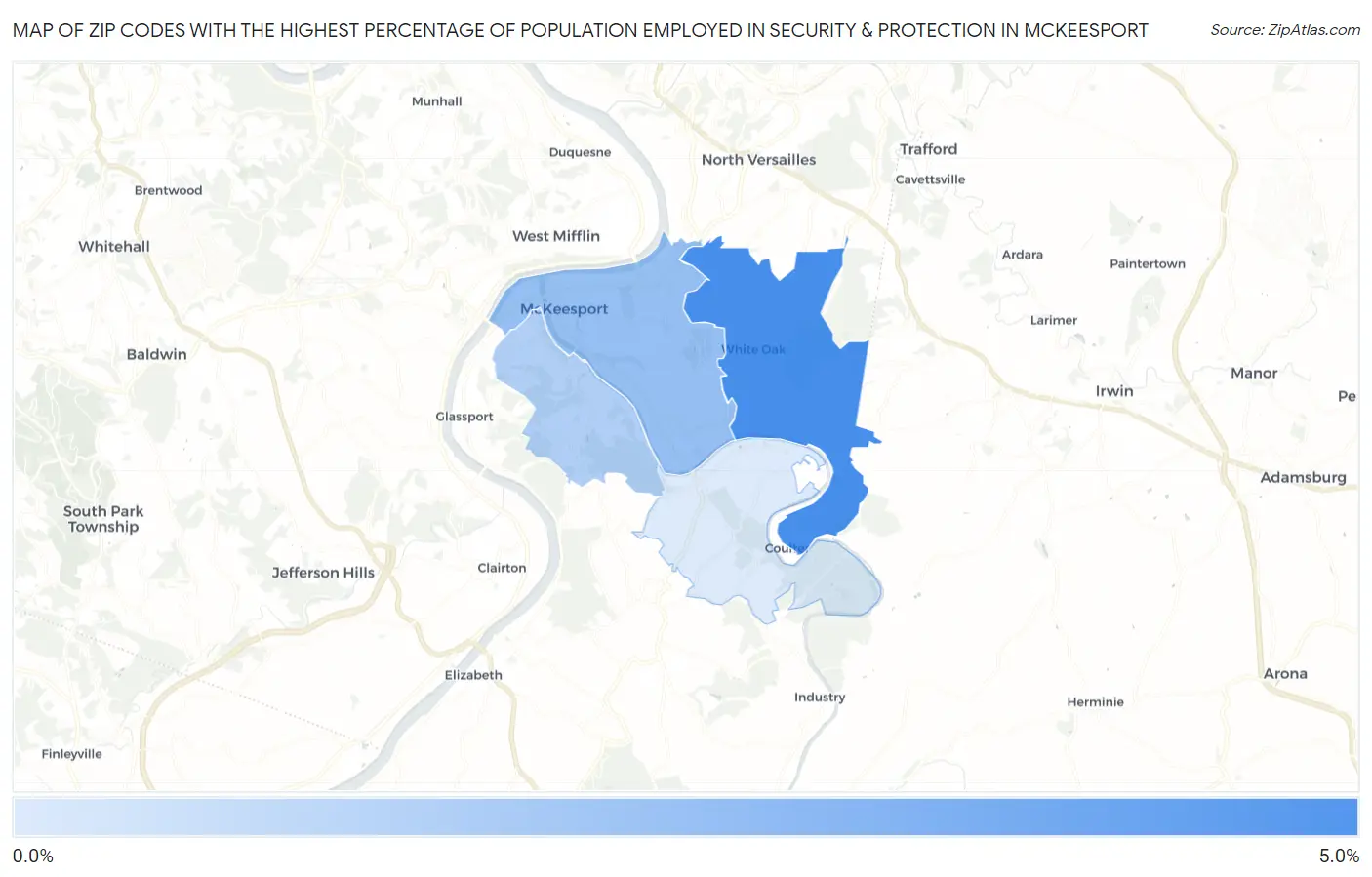 Zip Codes with the Highest Percentage of Population Employed in Security & Protection in Mckeesport Map