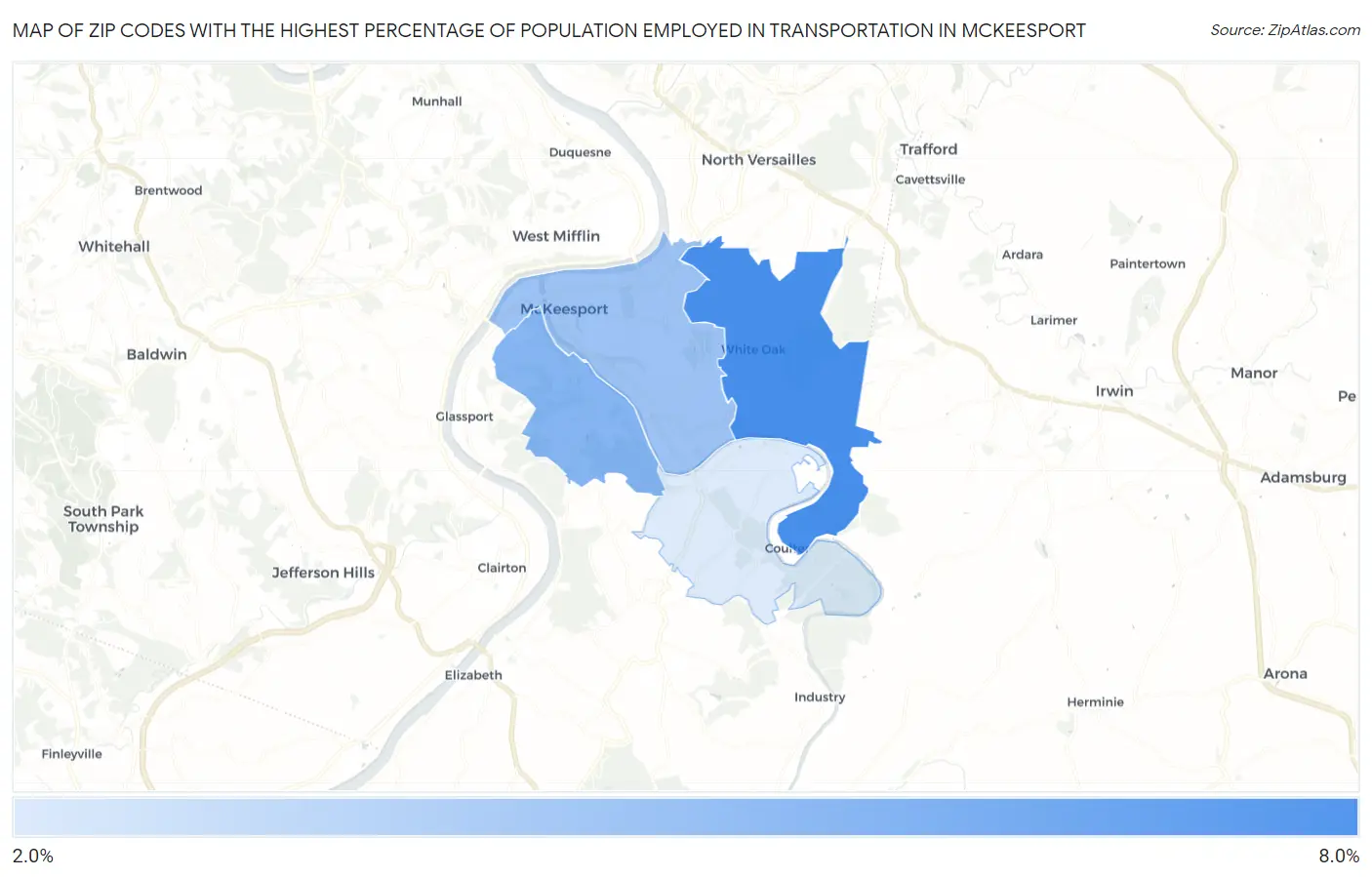 Zip Codes with the Highest Percentage of Population Employed in Transportation in Mckeesport Map