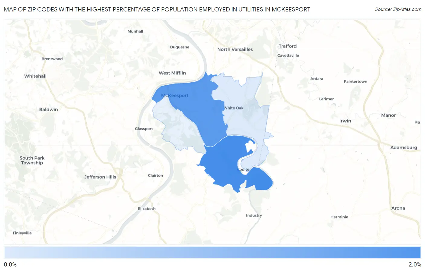 Zip Codes with the Highest Percentage of Population Employed in Utilities in Mckeesport Map