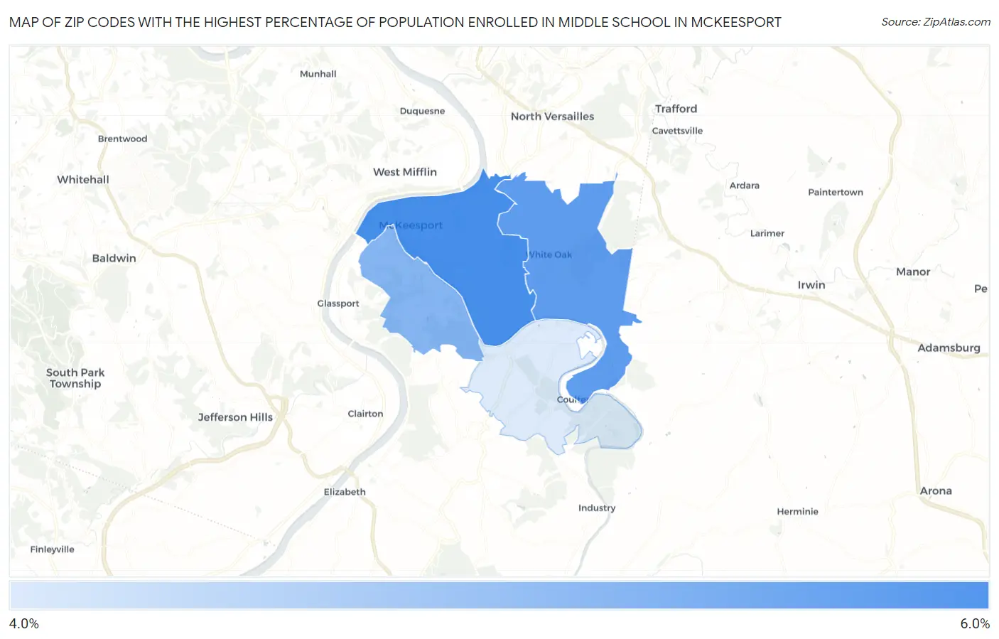 Zip Codes with the Highest Percentage of Population Enrolled in Middle School in Mckeesport Map