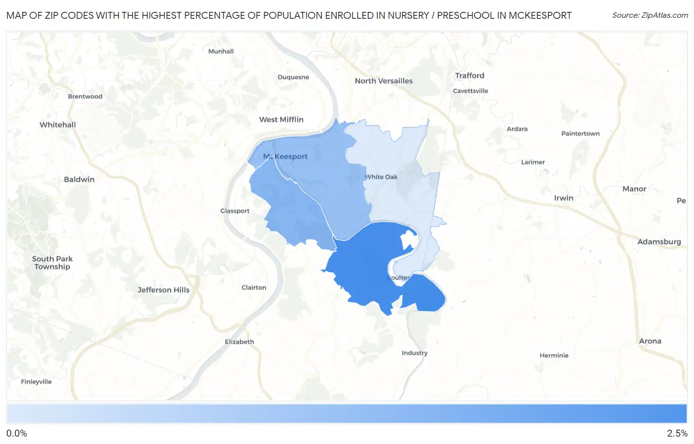 Zip Codes with the Highest Percentage of Population Enrolled in Nursery / Preschool in Mckeesport Map