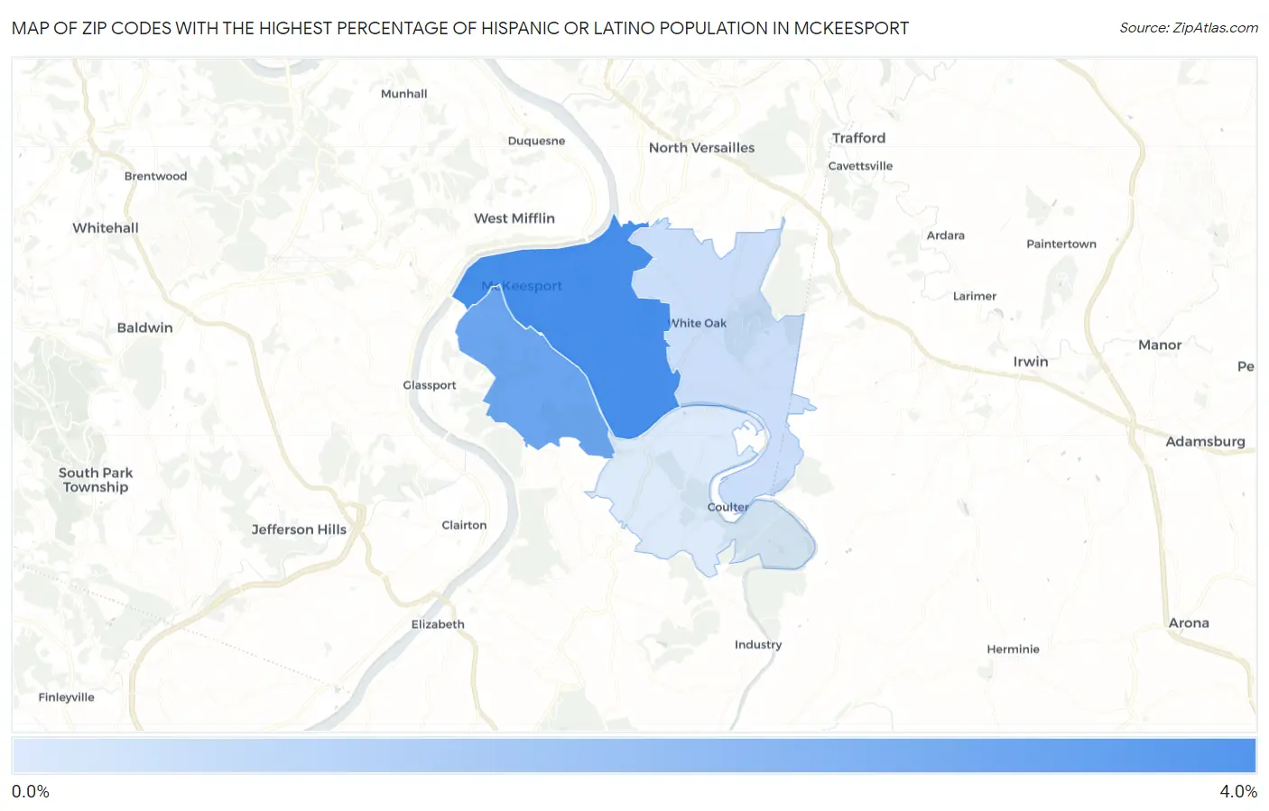 Zip Codes with the Highest Percentage of Hispanic or Latino Population in Mckeesport Map