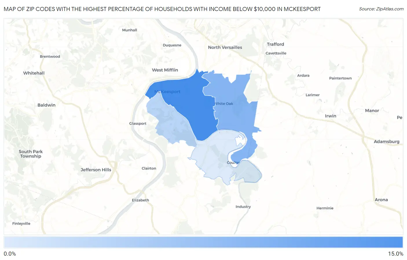Zip Codes with the Highest Percentage of Households with Income Below $10,000 in Mckeesport Map