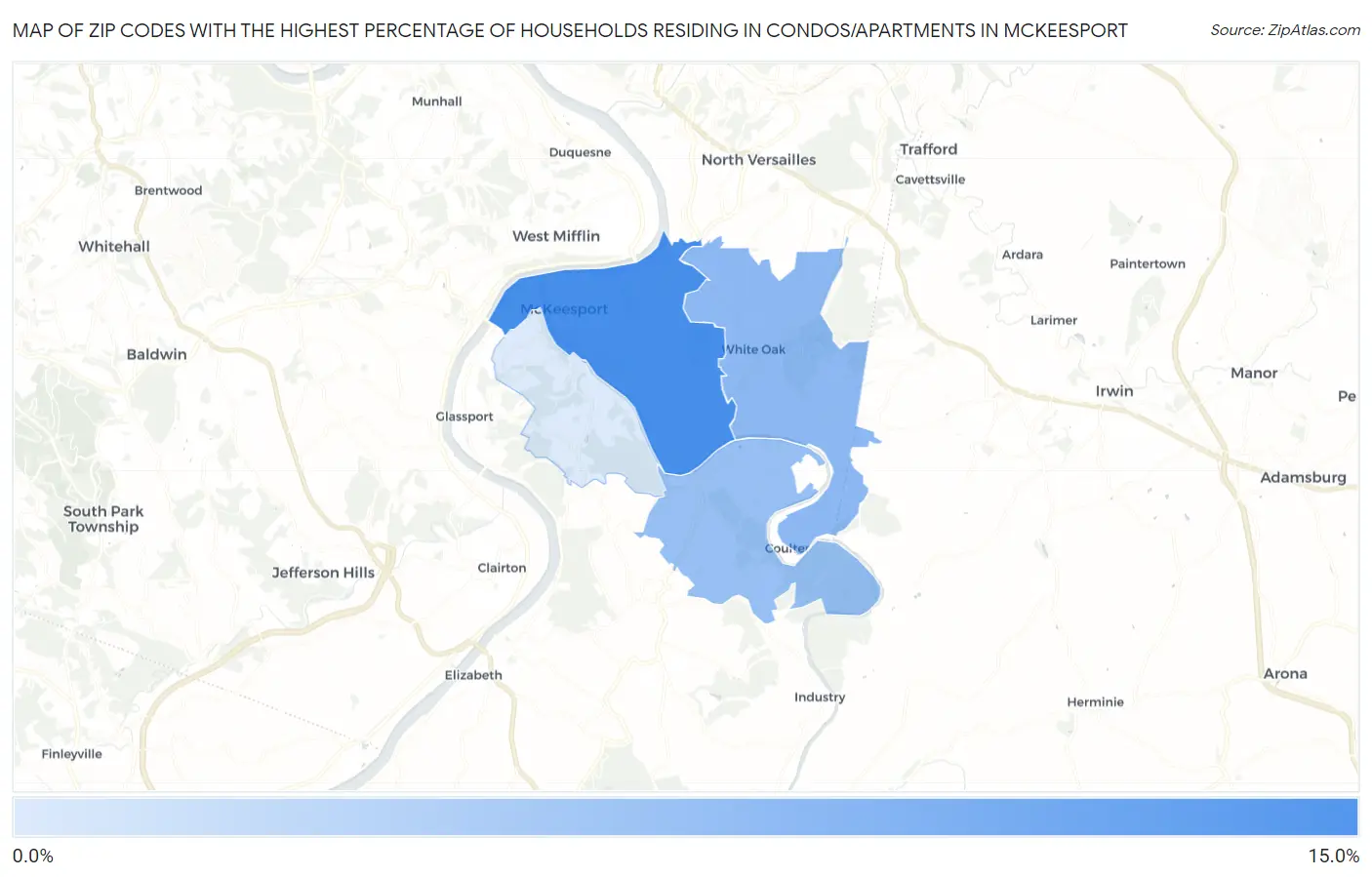 Zip Codes with the Highest Percentage of Households Residing in Condos/Apartments in Mckeesport Map