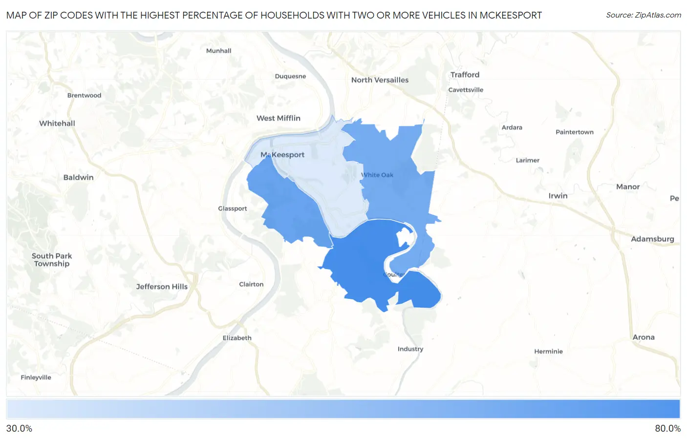 Zip Codes with the Highest Percentage of Households With Two or more Vehicles in Mckeesport Map